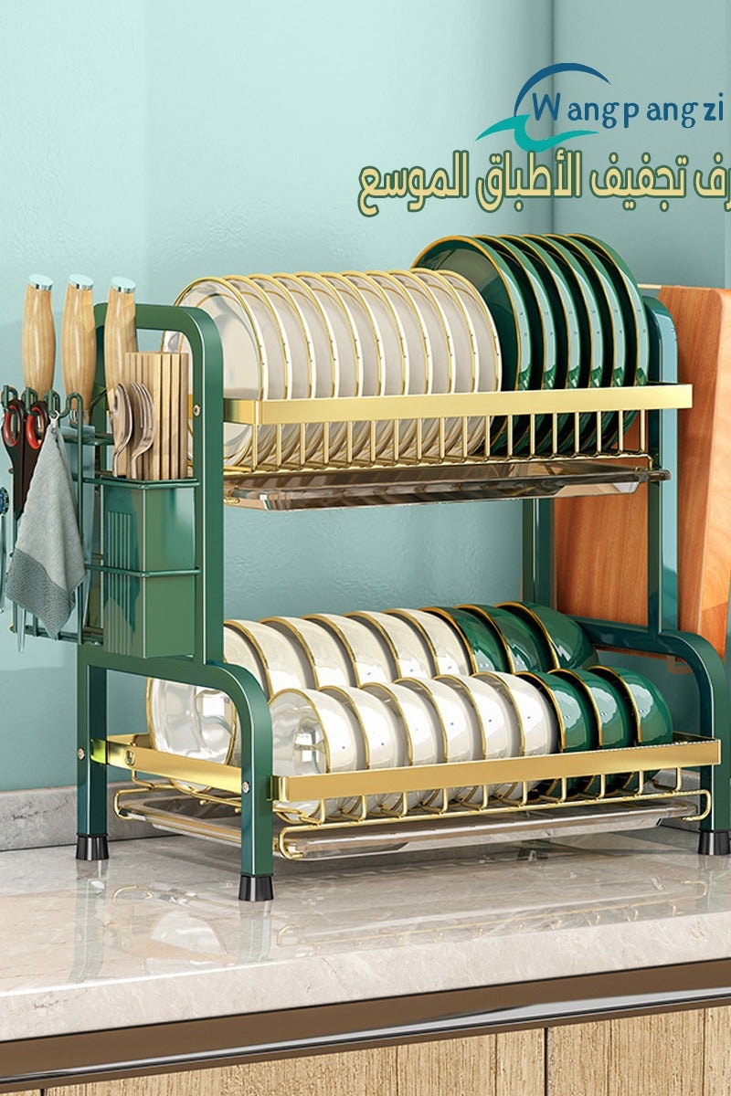 وانغبانغزي رف تجفيف الأطباق بطول ممتد (56 سم)، مصفاة مطبخ من الفولاذ المقاوم للصدأ بـ 2 طبقات مع حامل سكاكين وحامل ألواح تقطيع، منظم طاولة المطبخ، رف تخزين أدوات المطبخ - Image 1