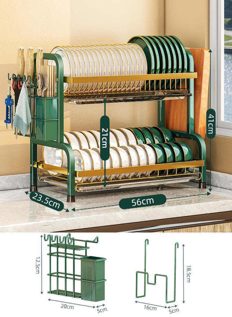 وانغبانغزي رف تجفيف الأطباق بطول ممتد (56 سم)، مصفاة مطبخ من الفولاذ المقاوم للصدأ بـ 2 طبقات مع حامل سكاكين وحامل ألواح تقطيع، منظم طاولة المطبخ، رف تخزين أدوات المطبخ - Image 2