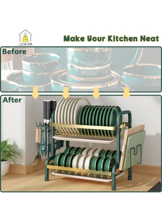 وانغبانغزي رف تجفيف الأطباق بطول ممتد (56 سم)، مصفاة مطبخ من الفولاذ المقاوم للصدأ بـ 2 طبقات مع حامل سكاكين وحامل ألواح تقطيع، منظم طاولة المطبخ، رف تخزين أدوات المطبخ - Image 5