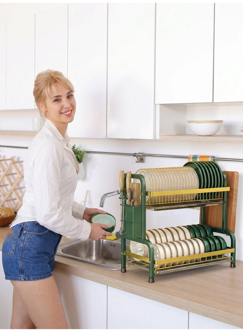 WangPangZi 2-Tier Extended Length Dish Drying Rack 56cm(L), Extended Stainless Steel Heavy Duty Rust-Resistant Kitchen Dish Drainer with Knife Holder & Cutting Board Organizer, Multifunctional Organizer Countertop Storage Rack with Drip Tray for Home Kitchen, Apartment, RV and Outdoor BBQ Use, Green + Gold - Image 3