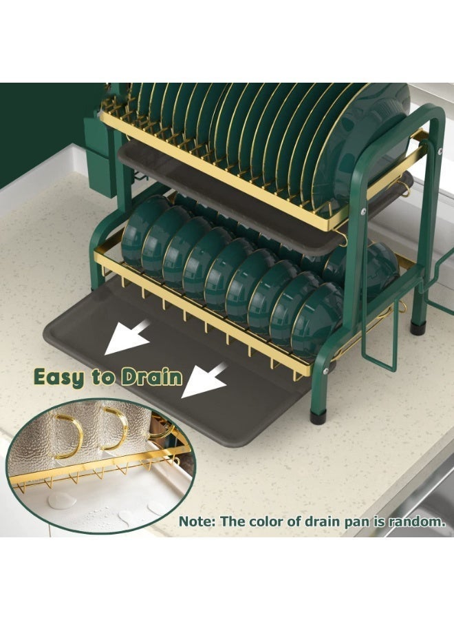 WangPangZi 2-Tier Extended Length Dish Drying Rack 56cm(L), Extended Stainless Steel Heavy Duty Rust-Resistant Kitchen Dish Drainer with Knife Holder & Cutting Board Organizer, Multifunctional Organizer Countertop Storage Rack with Drip Tray for Home Kitchen, Apartment, RV and Outdoor BBQ Use, Green + Gold - Image 5