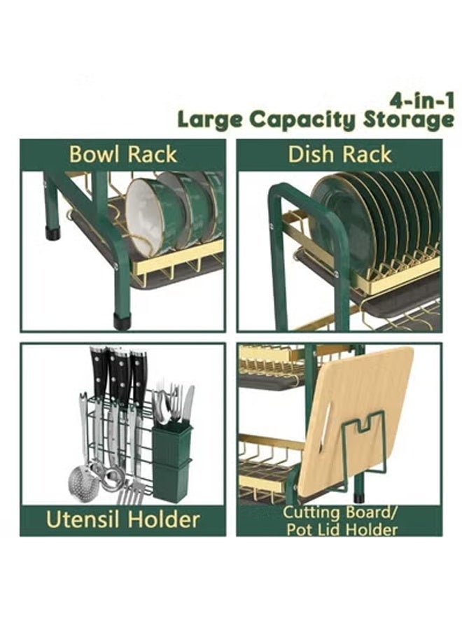 WangPangZi 2-Tier Extended Length Dish Drying Rack 56cm(L), Extended Stainless Steel Heavy Duty Rust-Resistant Kitchen Dish Drainer with Knife Holder & Cutting Board Organizer, Multifunctional Organizer Countertop Storage Rack with Drip Tray for Home Kitchen, Apartment, RV and Outdoor BBQ Use, Green + Gold - Image 4