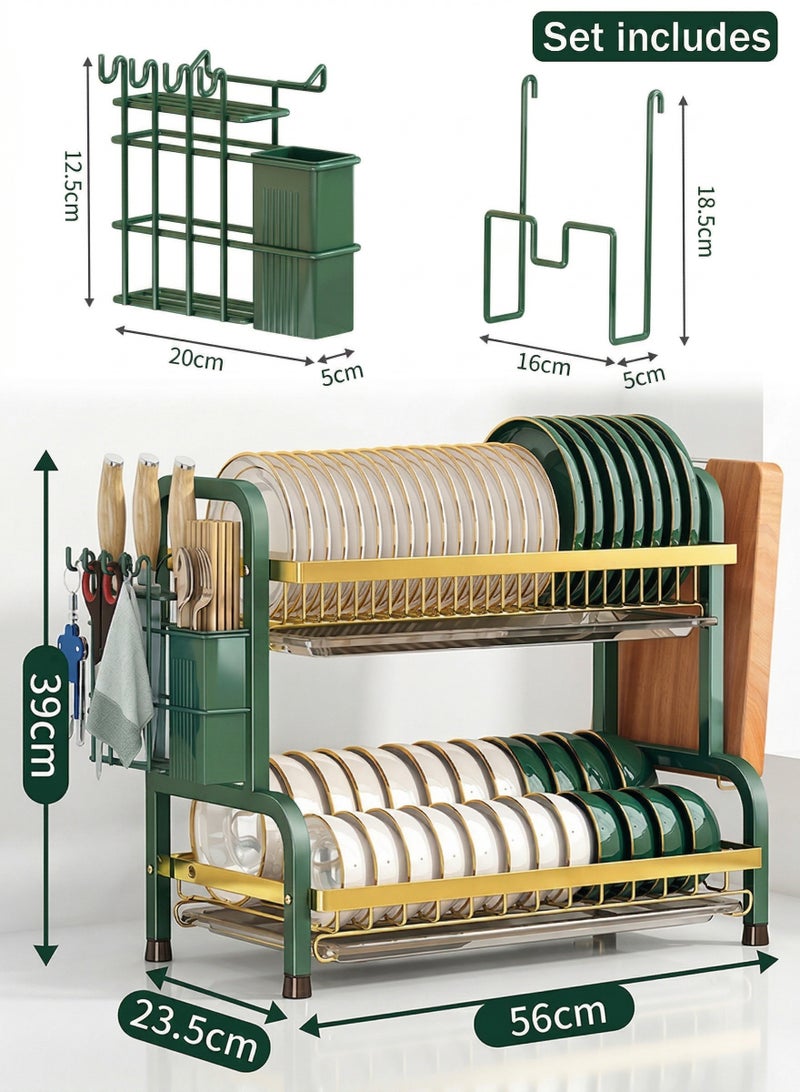 WangPangZi 2-Tier Extended Length Dish Drying Rack 56cm(L), Extended Stainless Steel Heavy Duty Rust-Resistant Kitchen Dish Drainer with Knife Holder & Cutting Board Organizer, Multifunctional Organizer Countertop Storage Rack with Drip Tray for Home Kitchen, Apartment, RV and Outdoor BBQ Use, Green + Gold - Image 1