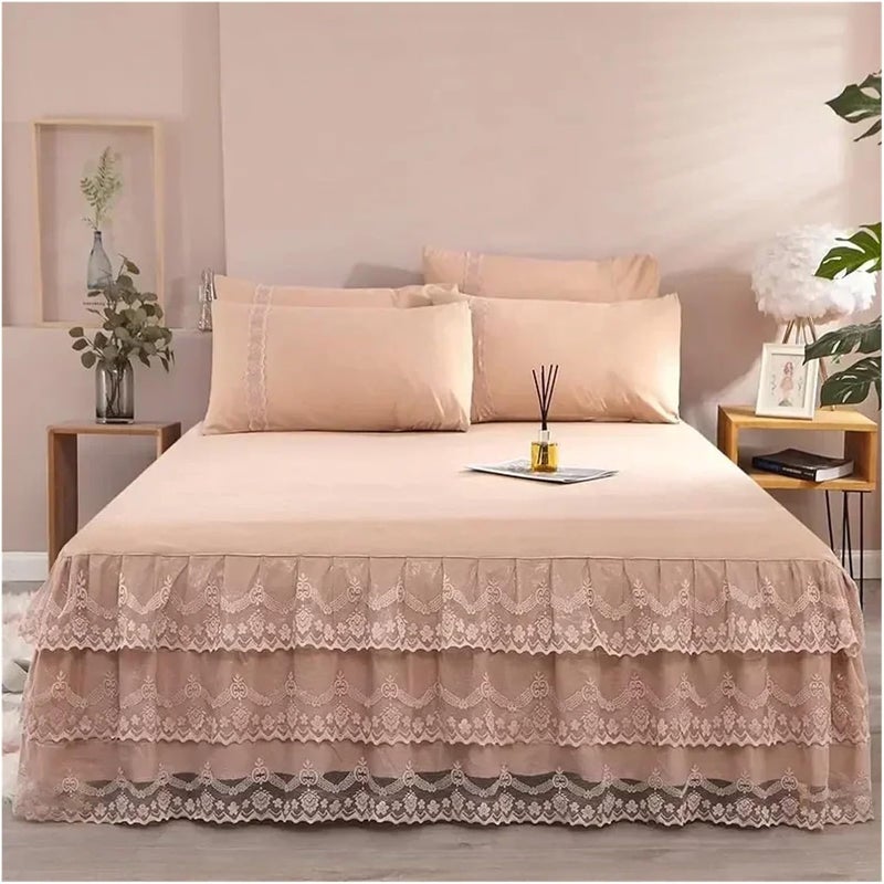 3 Layers Bed Skirt Lace Ruffled Elegant and Comfortable Includes Pillowcase Bedding Home Decoration(Khaki,1pc 180cmx220cm) - Image 1