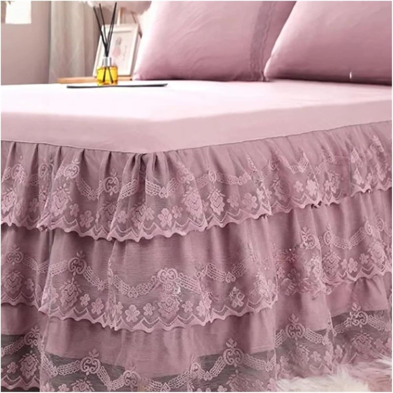 3 Layers Bed Skirt Lace Ruffled Elegant and Comfortable Includes Pillowcase Bedding Home Decoration(Khaki,1pc 180cmx220cm) - Image 2