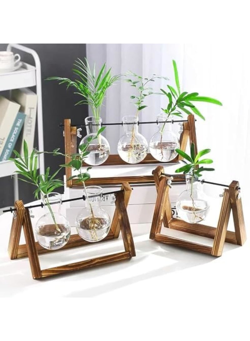 Barakah محطة تكاثر النباتات في حوض زجاجي، 3 مزهريات زجاجية مع قاعدة خشبية عتيقة، مزرعة مكتبية بوهيمية للزراعة المائية، ديكور داخلي للمكتب المنزلي، هدايا فريدة للنساء وعشاق النباتات (خشب طبيعي) - Image 4