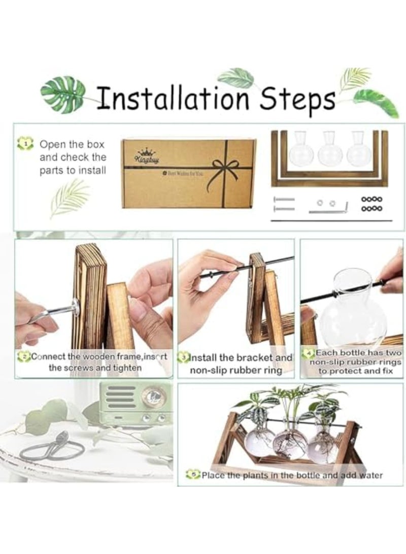 Barakah محطة تكاثر النباتات في حوض زجاجي، 3 مزهريات زجاجية مع قاعدة خشبية عتيقة، مزرعة مكتبية بوهيمية للزراعة المائية، ديكور داخلي للمكتب المنزلي، هدايا فريدة للنساء وعشاق النباتات (خشب طبيعي) - Image 5