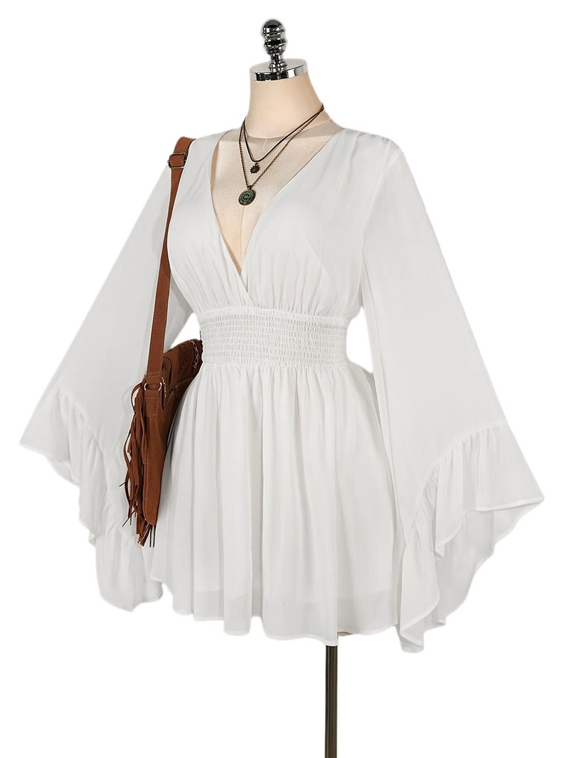 V-Neck Ruched Waist A-Line Flared Sleeve Dress, Bohemian Hippie Y2K Style, Suitable for Spring Summer Fall Wear, Nomadic Flair, Summer Vacation, Music Festival, Graduation Season Back-To-... - Image 1