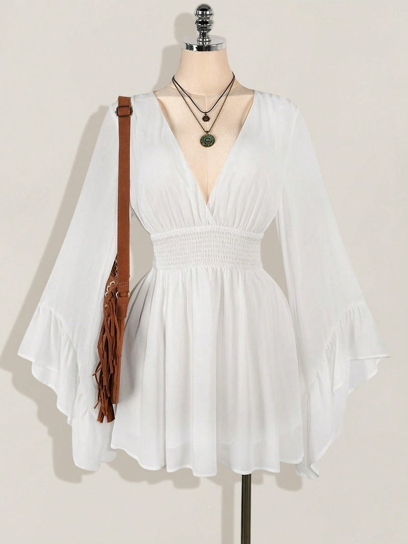 V-Neck Ruched Waist A-Line Flared Sleeve Dress, Bohemian Hippie Y2K Style, Suitable for Spring Summer Fall Wear, Nomadic Flair, Summer Vacation, Music Festival, Graduation Season Back-To-... - Image 2