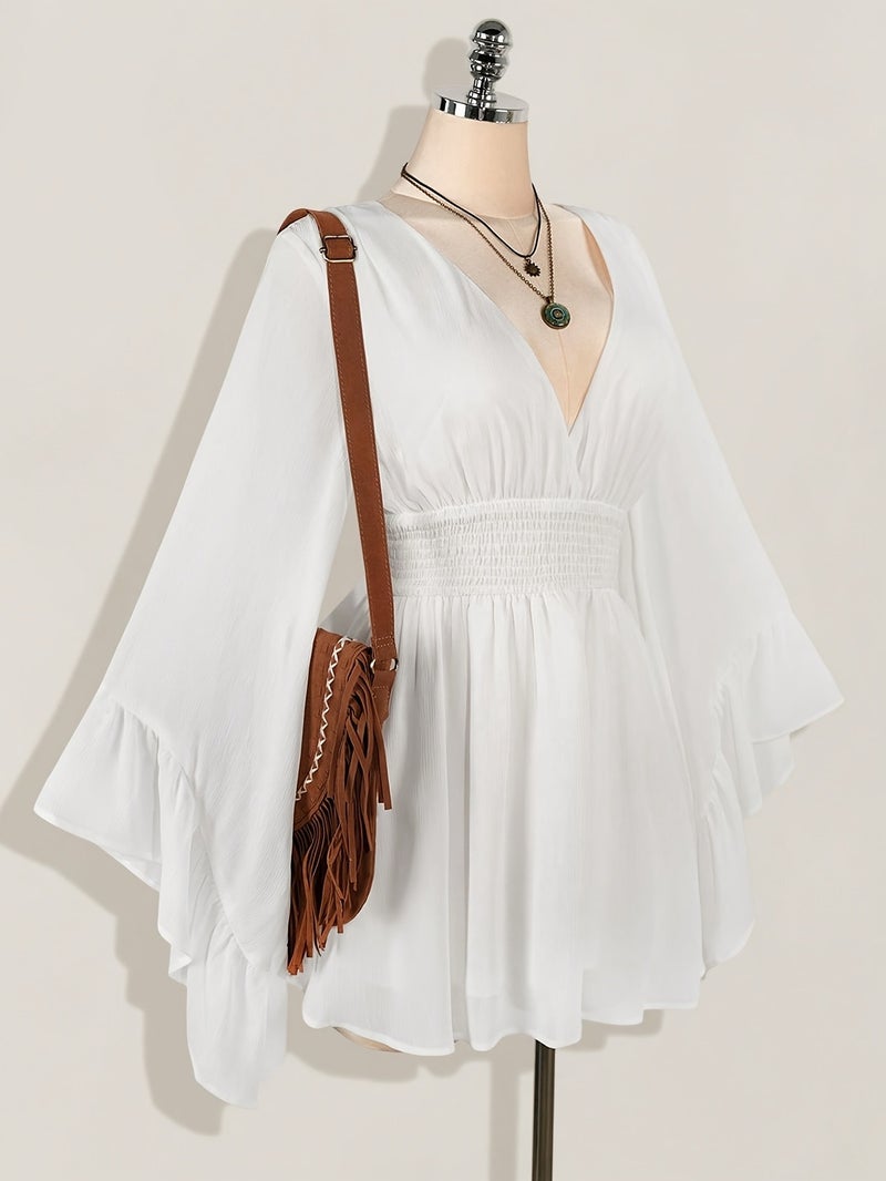 V-Neck Ruched Waist A-Line Flared Sleeve Dress, Bohemian Hippie Y2K Style, Suitable for Spring Summer Fall Wear, Nomadic Flair, Summer Vacation, Music Festival, Graduation Season Back-To-... - Image 5