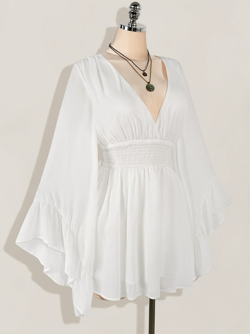 V-Neck Ruched Waist A-Line Flared Sleeve Dress, Bohemian Hippie Y2K Style, Suitable for Spring Summer Fall Wear, Nomadic Flair, Summer Vacation, Music Festival, Graduation Season Back-To-... - Image 3