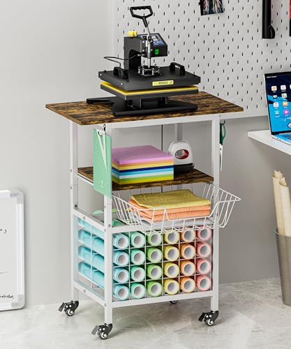 Ardier Movable Heat Press Machine Cart with Basket and Hooks, 3 Tier Crafting Shelf Organizer with Vinyl Roll Holder, Workbench for DIY Sublimation Transfer Machine and Printer or T-shirt Maker, White - Image 1
