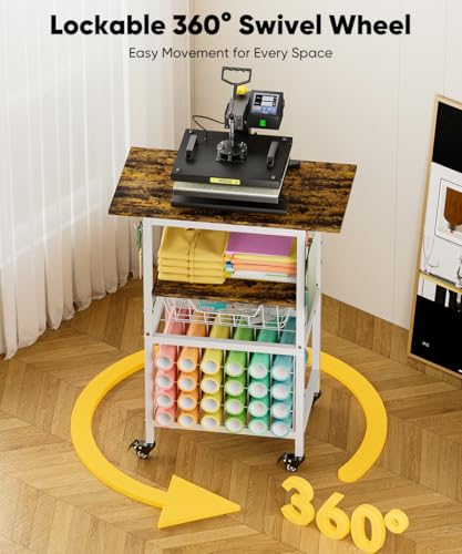Ardier Movable Heat Press Machine Cart with Basket and Hooks, 3 Tier Crafting Shelf Organizer with Vinyl Roll Holder, Workbench for DIY Sublimation Transfer Machine and Printer or T-shirt Maker, White - Image 4