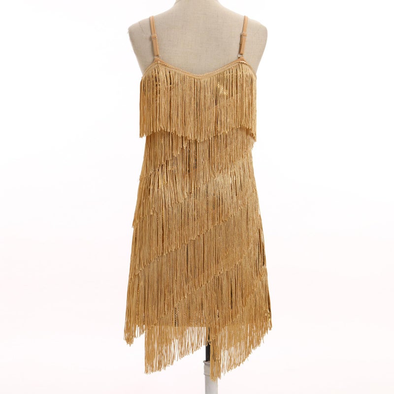 IDOPIP Kids Girls 1920s Flapper Dress Tassels Sequin Fringe Latin Dance Dress Gatsby Halloween Birthday Party Dressup Ballroom Dance Costumes Toddler Roaring 20s Salsa Cha Cha Gown Gold 8-9 Years - Image 5
