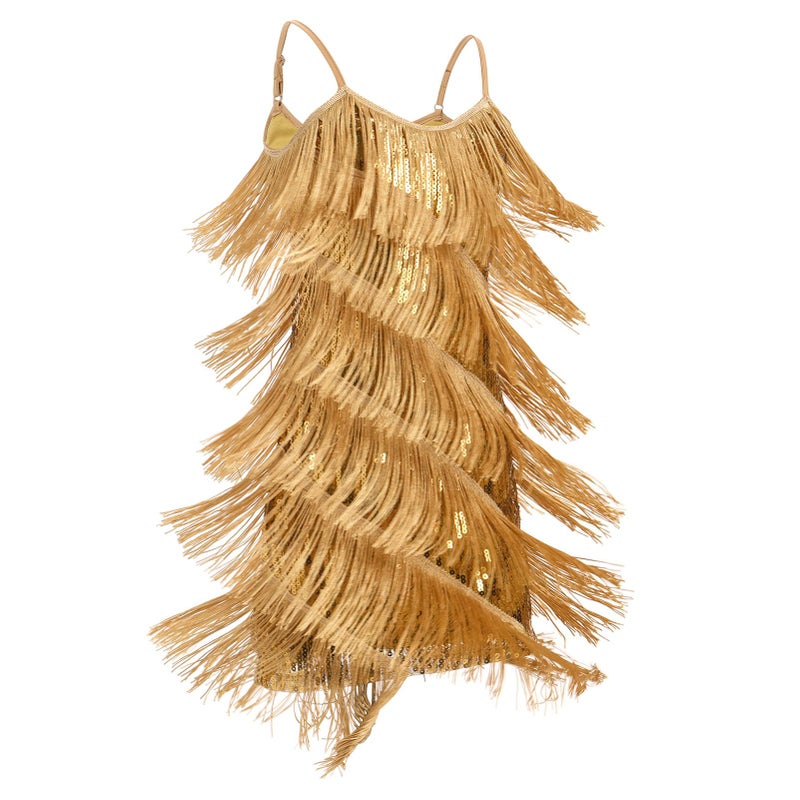 IDOPIP Kids Girls 1920s Flapper Dress Tassels Sequin Fringe Latin Dance Dress Gatsby Halloween Birthday Party Dressup Ballroom Dance Costumes Toddler Roaring 20s Salsa Cha Cha Gown Gold 8-9 Years - Image 1