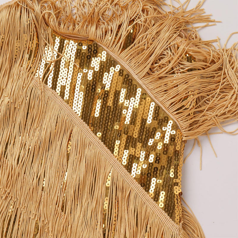 IDOPIP Kids Girls 1920s Flapper Dress Tassels Sequin Fringe Latin Dance Dress Gatsby Halloween Birthday Party Dressup Ballroom Dance Costumes Toddler Roaring 20s Salsa Cha Cha Gown Gold 8-9 Years - Image 3