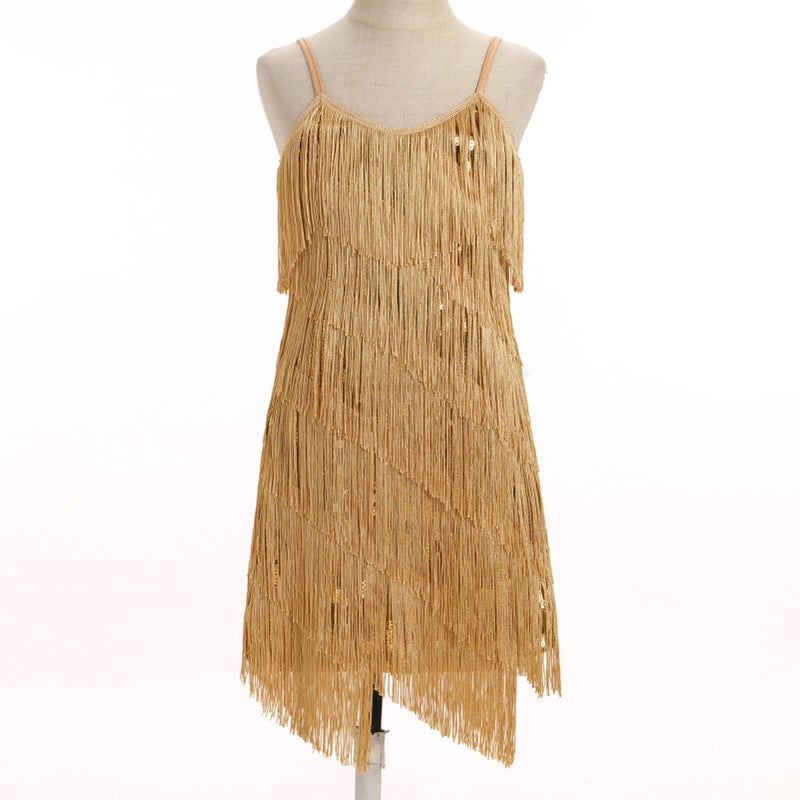 IDOPIP Kids Girls 1920s Flapper Dress Tassels Sequin Fringe Latin Dance Dress Gatsby Halloween Birthday Party Dressup Ballroom Dance Costumes Toddler Roaring 20s Salsa Cha Cha Gown Gold 8-9 Years - Image 4