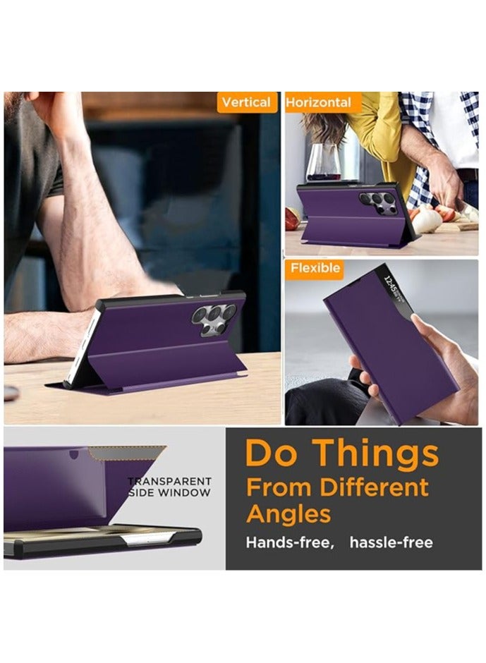 عام غطاء متوافق مع سامسونج جالاكسي S24 Ultra، غطاء جلد PU مع نافذة ذكية وحامل، مع وظيفة تفعيل/إيقاف تلقائي للشاشة لسامسونج جالاكسي S24 Ultra 5G 2024. - Image 2