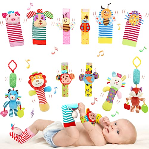 BLOOBLOOMAX Wrist Rattles Foot Finder Rattle Sock Baby Toy, Hanging Rattle Toy, Arm Hand Bracelet Rattle, Feet Leg Ankle Socks, Activity Rattle Present Gift for Newborn Infant Babies Boy Girl Bebe (12 D) - Image 1