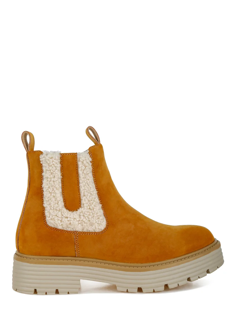 London Rag Women's Faux Fur Detail Chunky Ankle Boots in Tan