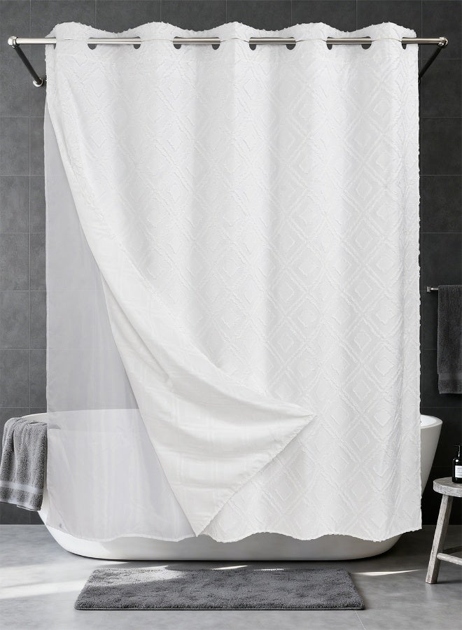 Noon East No Hook Shower Curtain with Snap in Liner Replacement - Waterproof Fabric - Boho Pattern, 180x188cm Size - Creme - Image 1