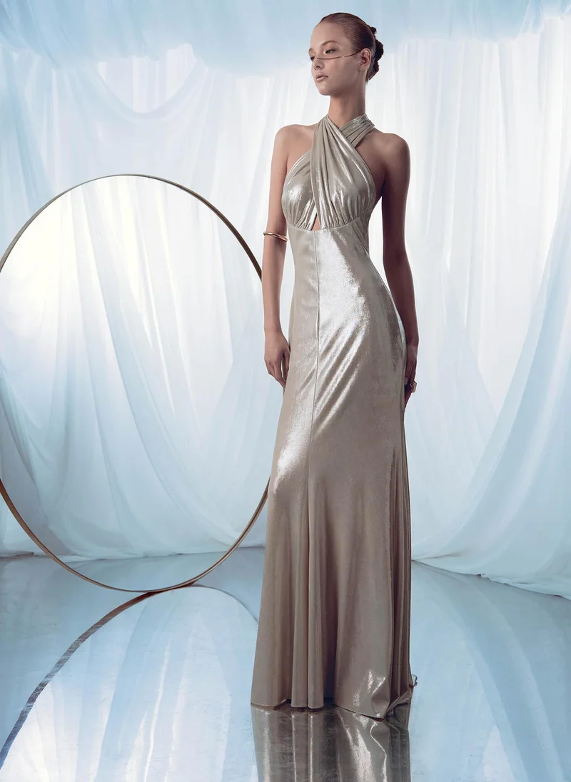 Lichi Metallic jersey maxi dress with ribbon straps