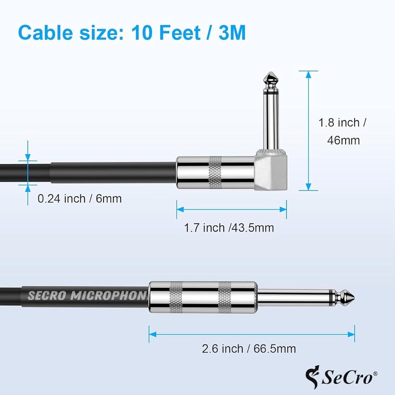 SeCro Guitar Cable - 32ft(10MTR) Electric Instrument Bass Cord 6.35mm 1/4inch Cable for Electric Guitar, Electric Mandolin, Professional Audio Cable (Straight to Right Angle, Black, 10Meter-(32Feet)) - Image 4