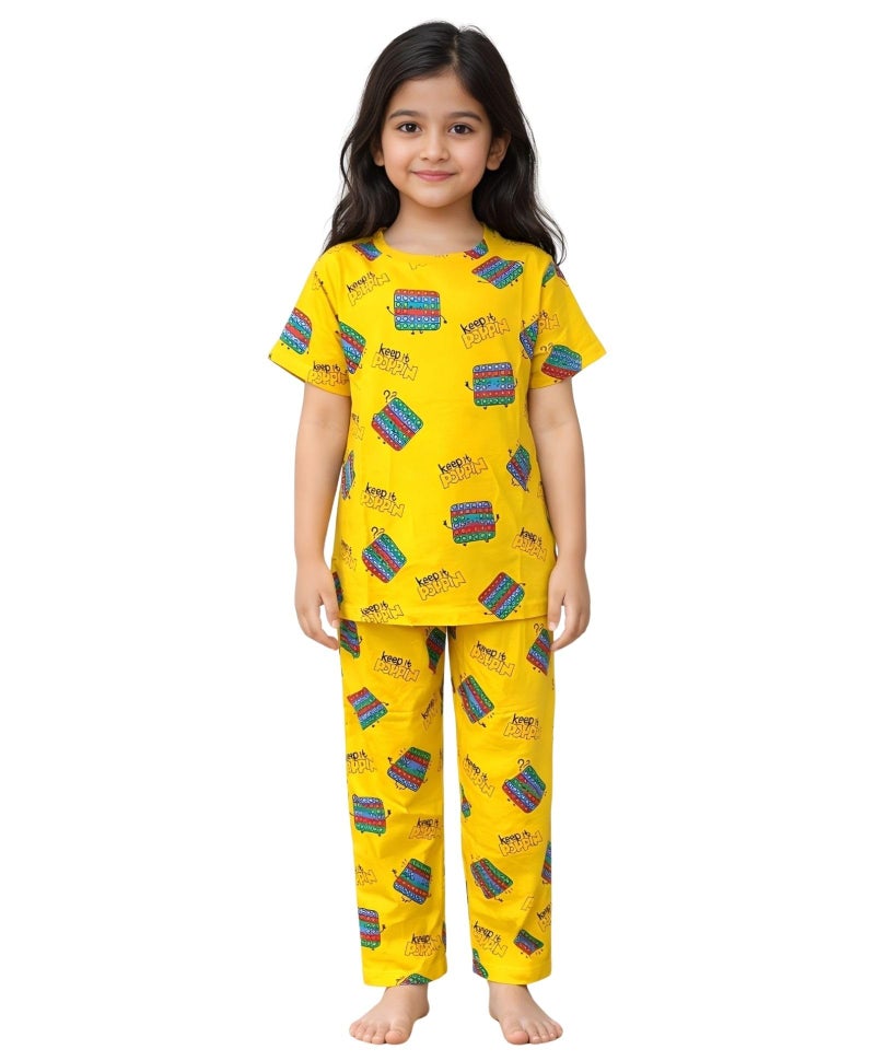 ANTHRILO Summer POP IT Yellow Girls Short Sleeve Pyjama Set - Yellow - Image 1