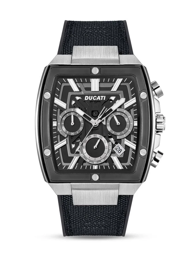 دوكاتي Ducati DT005 Men's Chronograph Watch with Black Dial and Silver Accents, Leather+ Silicone Strap, Water Resistant to 50m, 40mm Case – Speed and Sophistication Combined