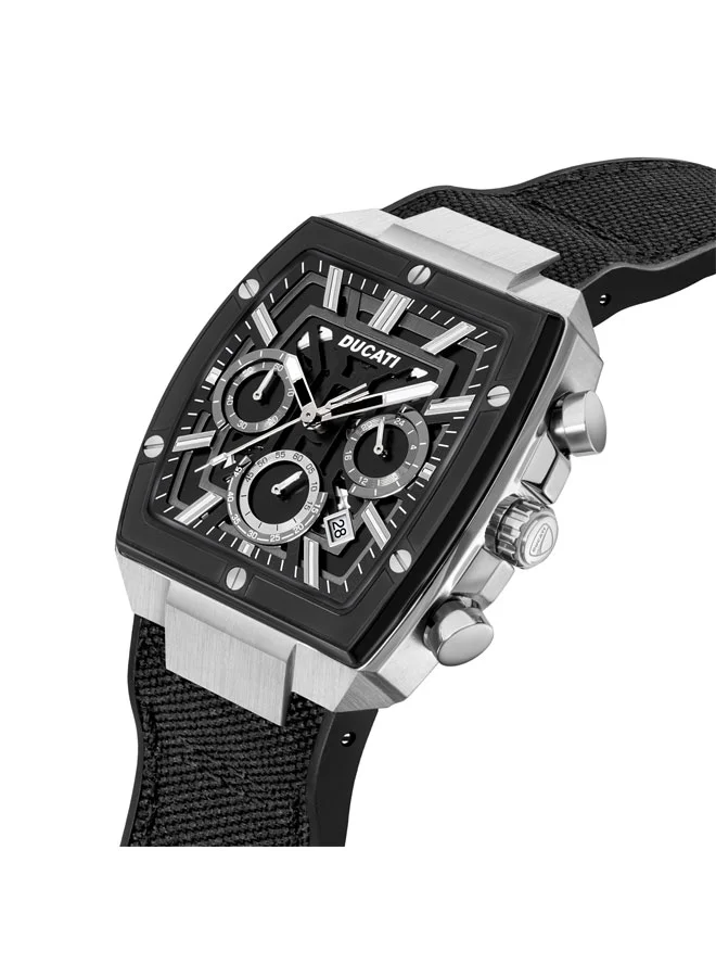 دوكاتي Ducati DT005 Men's Chronograph Watch with Black Dial and Silver Accents, Leather+ Silicone Strap, Water Resistant to 50m, 40mm Case – Speed and Sophistication Combined