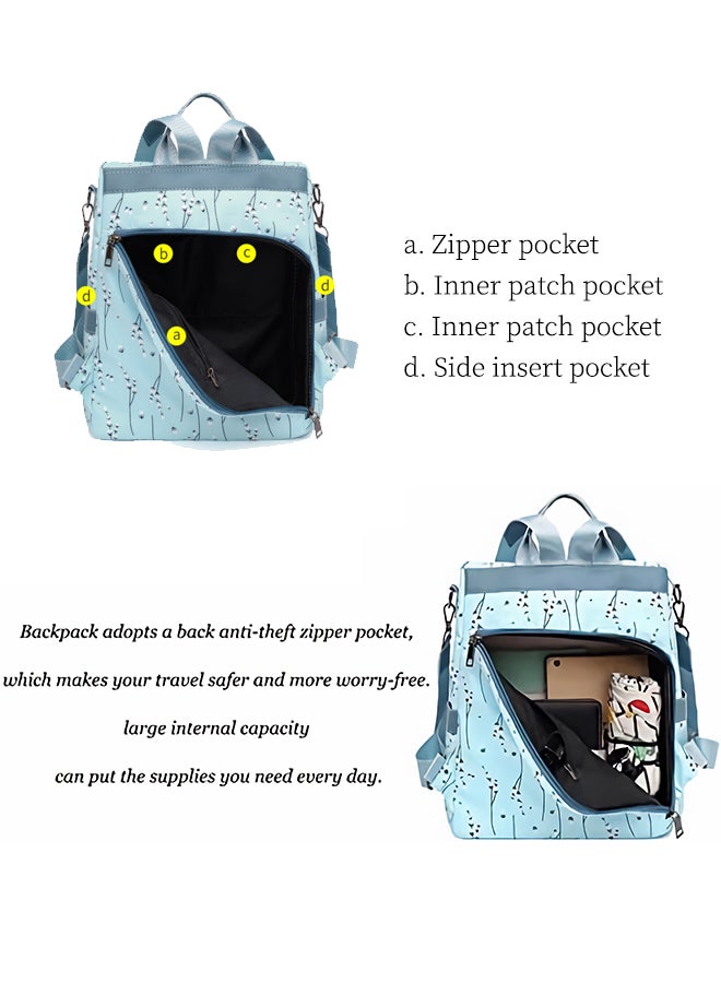 SHABILI Women Nylon Backpack Tourist Bag College Back Bag, Ladies Stylish Large-Capacity Multipocket Print Daypack with Plush Pom-Pom Pendant, Rucksack for Teenager Youth Daily Casual Party Travel (Blue) - Image 4