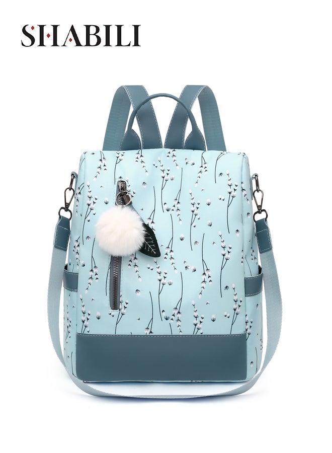 SHABILI Women Nylon Backpack Tourist Bag College Back Bag, Ladies Stylish Large-Capacity Multipocket Print Daypack with Plush Pom-Pom Pendant, Rucksack for Teenager Youth Daily Casual Party Travel (Blue) - Image 1