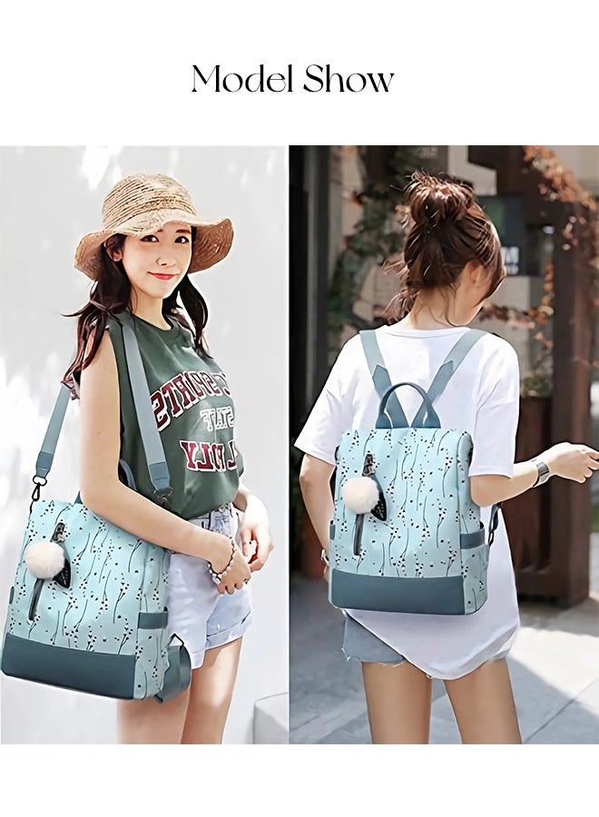 SHABILI Women Nylon Backpack Tourist Bag College Back Bag, Ladies Stylish Large-Capacity Multipocket Print Daypack with Plush Pom-Pom Pendant, Rucksack for Teenager Youth Daily Casual Party Travel (Blue) - Image 2