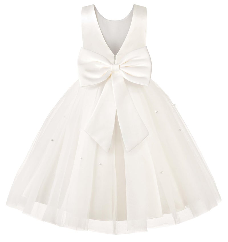 Uhnice Flower Girl Dress Satin Ball Gown for Wedding Party with Bowknot (Ivory, 2-3T/90) - Image 1