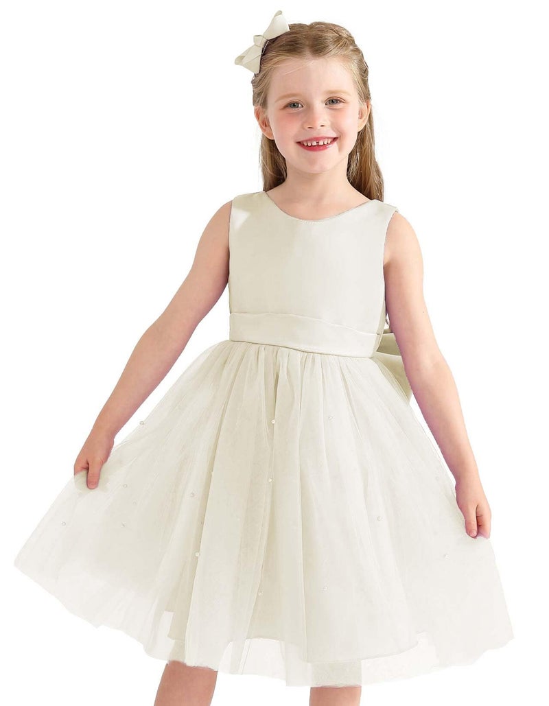 Uhnice Flower Girl Dress Satin Ball Gown for Wedding Party with Bowknot (Ivory, 2-3T/90) - Image 2