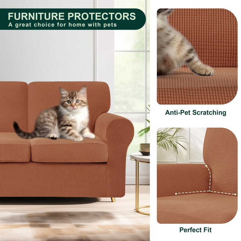 CHUN YI 7 Piece Couch Covers Sofa Covers Washable, Stretch Sofa Slipcovers for 3 Cushion Couch with Seperate Backrest and Cushion Covers, Anti Slip Furniture Protector for Dogs Pets (Large, Brick) - Image 5