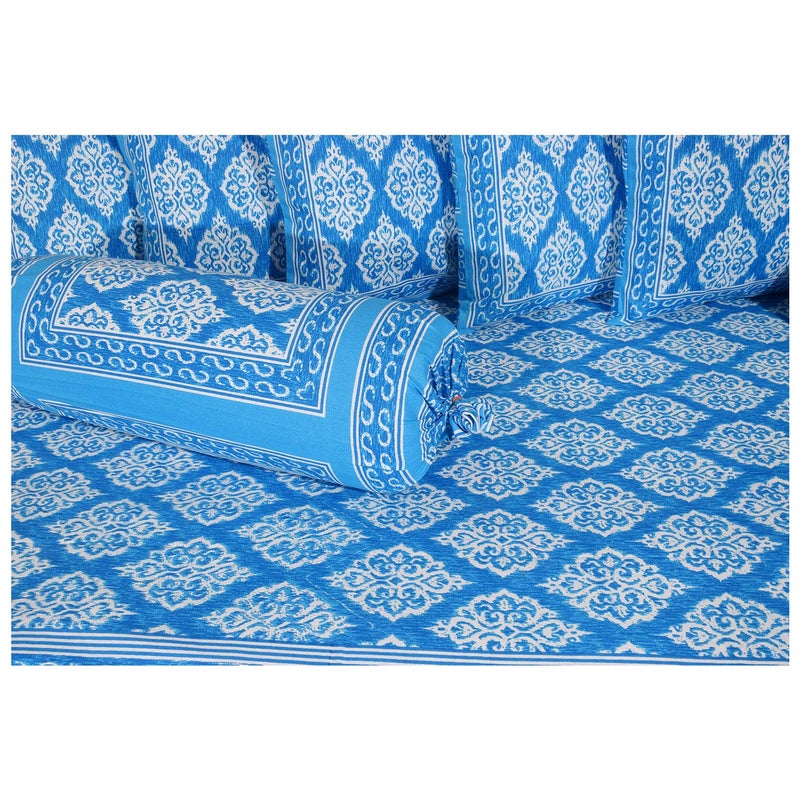 SkyKross - Everyday A New Thing SkyKross Everyday A New Thing Maharaja Special Floral Pure Soft Cotton Diwan Cover Set 8 Pcs Set 5 Cushion Cover2 Bolster Cover1 Bedsheet SkyBlue - Image 2