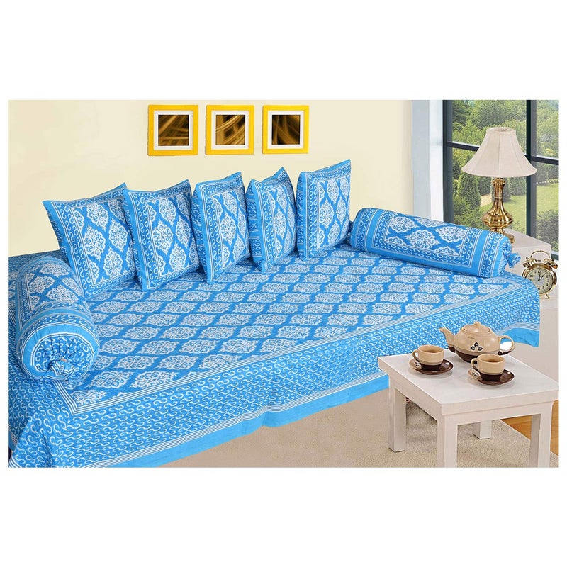 SkyKross - Everyday A New Thing SkyKross Everyday A New Thing Maharaja Special Floral Pure Soft Cotton Diwan Cover Set 8 Pcs Set 5 Cushion Cover2 Bolster Cover1 Bedsheet SkyBlue - Image 1