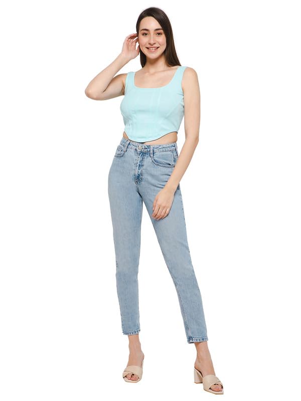 Clovia Women's Cotton Chic Basic Ribbed Crop Tank Top (CM0040P03_Blue_M) - Image 1