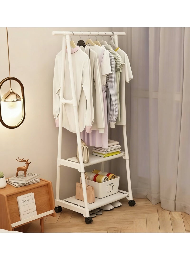 White Triangle Garment Rack with Wheels, Freestanding A Shape Metal Clothing Rack with 2-Tier Storage Shelves, Portable Multipurpose Coat Hanger for Bedroom, Living Room u0026 Laundry - Image 4