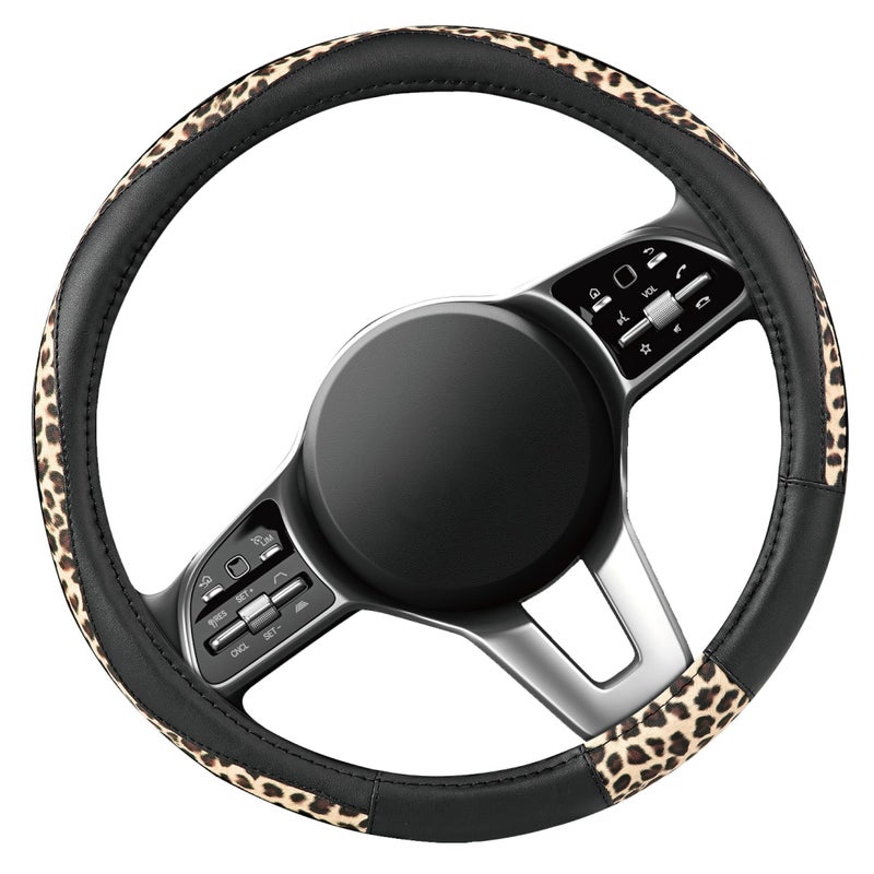 Road Comforts Steering Wheel Cover - Made with PVC Leather and Leopard Fabric - Universal 14 1/2 inches to 15 inches for Most Automotive Steering Wheel - Cheetah Print - Black - Image 2