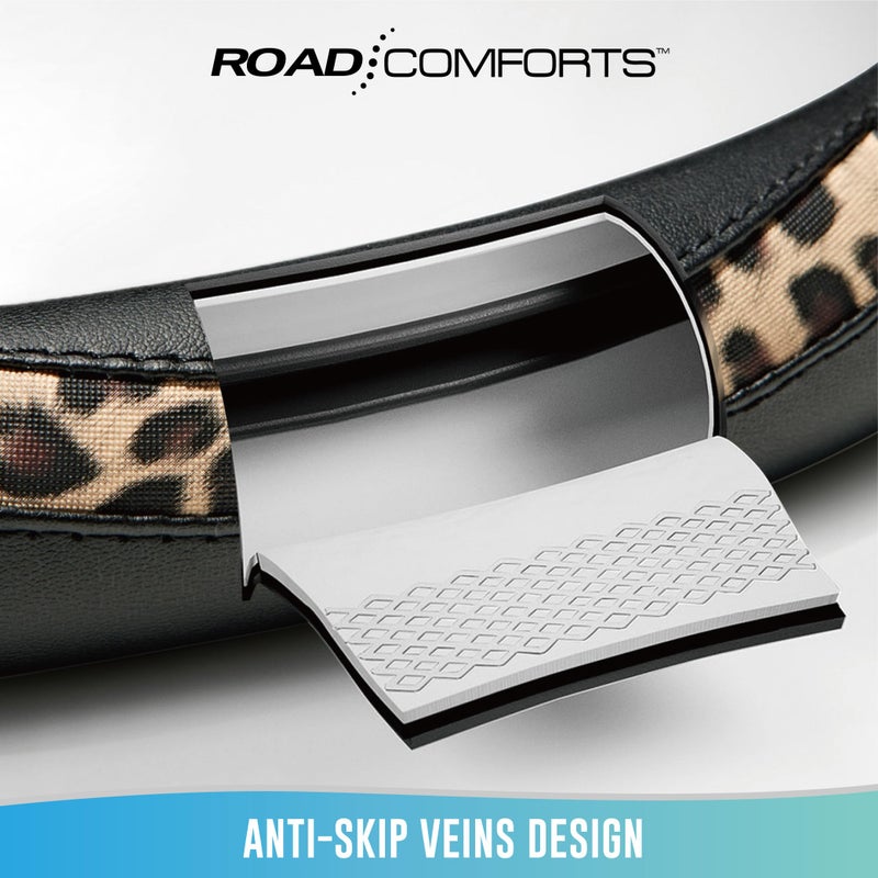 Road Comforts Steering Wheel Cover - Made with PVC Leather and Leopard Fabric - Universal 14 1/2 inches to 15 inches for Most Automotive Steering Wheel - Cheetah Print - Black - Image 4