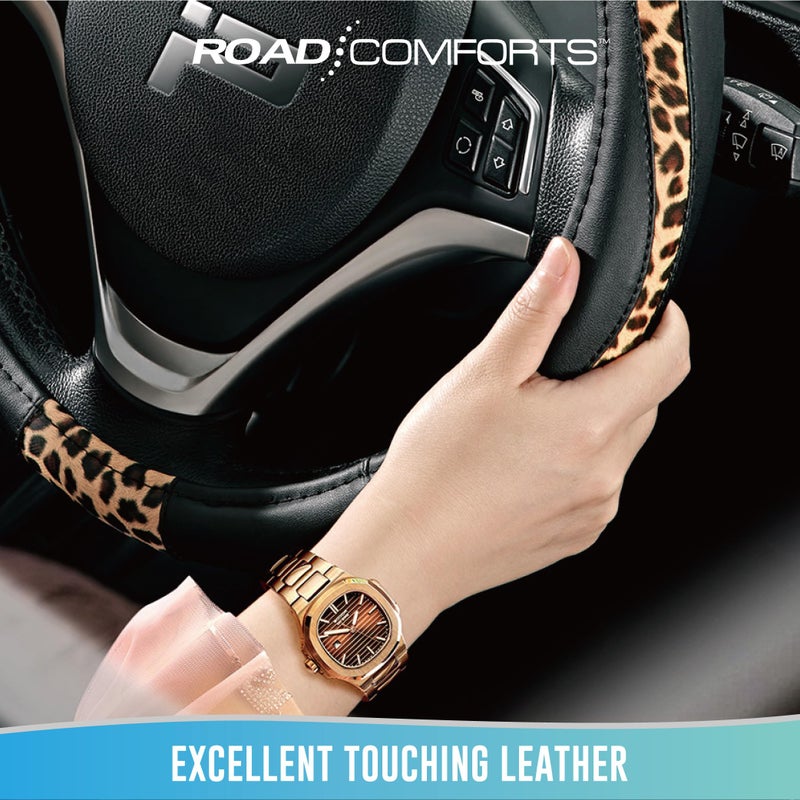 Road Comforts Steering Wheel Cover - Made with PVC Leather and Leopard Fabric - Universal 14 1/2 inches to 15 inches for Most Automotive Steering Wheel - Cheetah Print - Black - Image 5