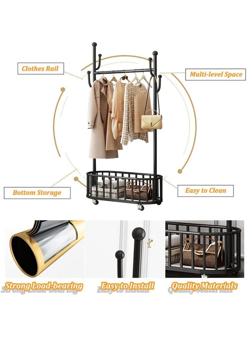 انسجام رف ملابس متدحرج معدني كبير قابل للتحرك مع خطافات وعجلات وسلة تخزين ورف معاطف متعدد الوظائف لتعليق الملابس والحقائب والقبعات - Image 2