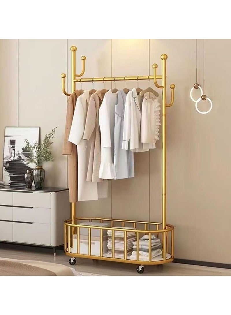 انسجام رف ملابس متدحرج معدني كبير قابل للتحرك مع خطافات وعجلات وسلة تخزين ورف معاطف متعدد الوظائف لتعليق الملابس والحقائب والقبعات - Image 1