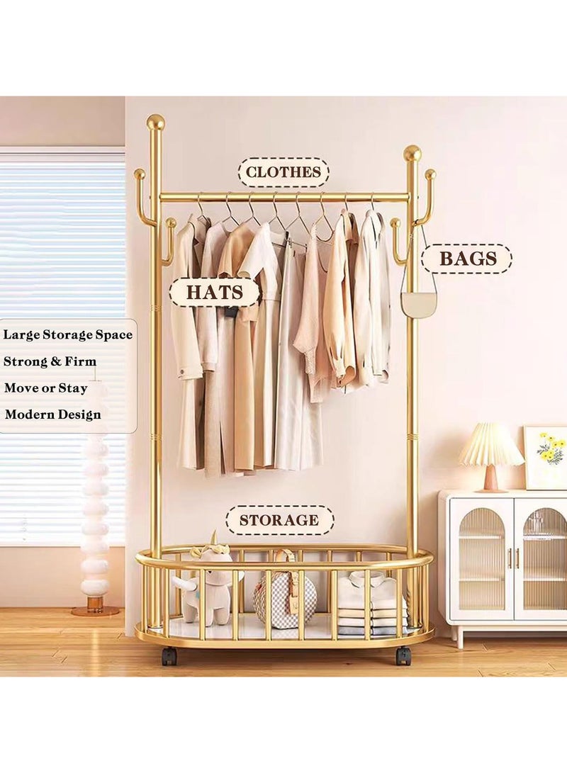 انسجام رف ملابس متدحرج معدني كبير قابل للتحرك مع خطافات وعجلات وسلة تخزين ورف معاطف متعدد الوظائف لتعليق الملابس والحقائب والقبعات - Image 3
