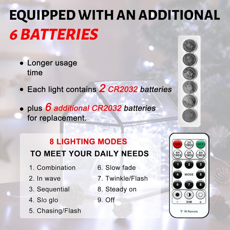 SINAMER 6PCS White Fairy Lights Battery Powered with Timer, 7ft 20LEDs Twinkle Mini Lights with Remote,Waterproof Small Silver Wire Firefly Starry for DIY Wedding Party Christmas - Image 2