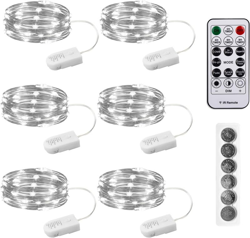 SINAMER 6PCS White Fairy Lights Battery Powered with Timer, 7ft 20LEDs Twinkle Mini Lights with Remote,Waterproof Small Silver Wire Firefly Starry for DIY Wedding Party Christmas - Image 1