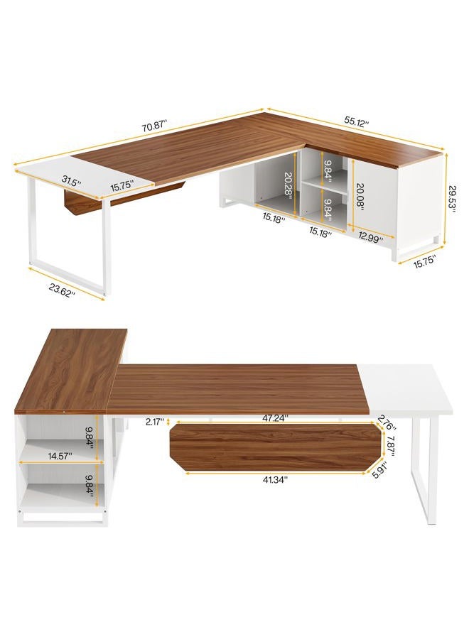 Tribesigns 70.8" Executive Desk with 55" File Cabinet, Modern L Shaped Computer Desk with Storage Shelves and Cabinet, Large L Shaped Executive Desk for Home Office, Walnut & White - Image 2