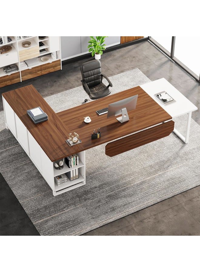 Tribesigns 70.8" Executive Desk with 55" File Cabinet, Modern L Shaped Computer Desk with Storage Shelves and Cabinet, Large L Shaped Executive Desk for Home Office, Walnut & White - Image 4